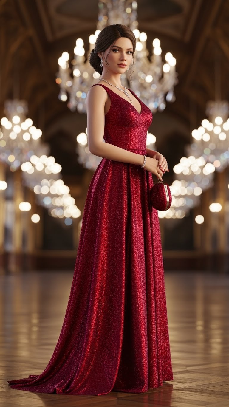 Elegant virtual avatar in shimmering crimson gown posing gracefully in grand ballroom with crystal chandeliers