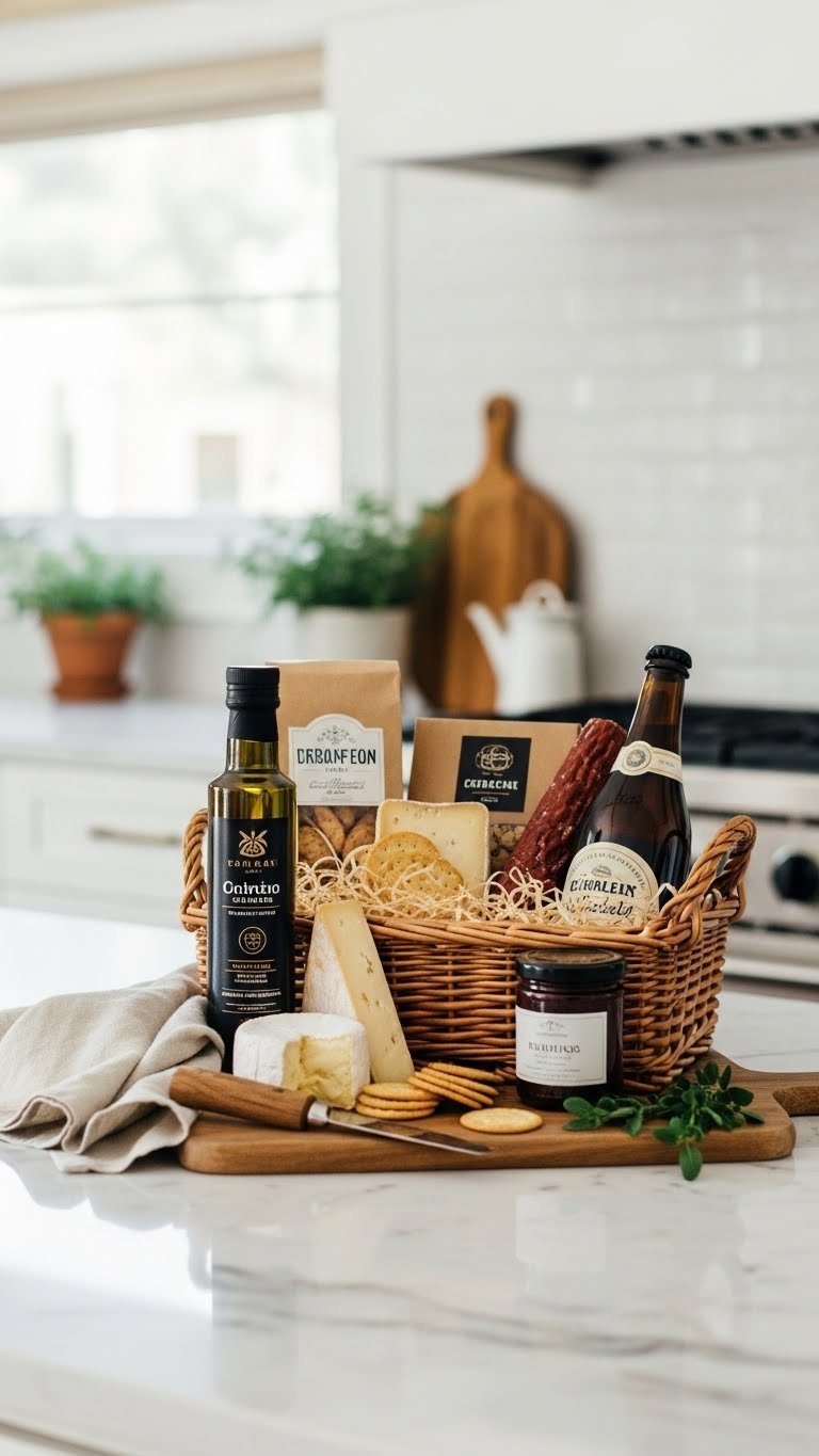 Elegant wicker basket filled with artisanal olive oil, gourmet cheese, crackers, jam, and craft beer on marble countertop