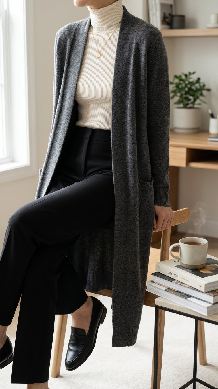 Elegant winter outfit showcases a charcoal gray duster cardigan over a cream ribbed turtleneck with black trousers and loafers.