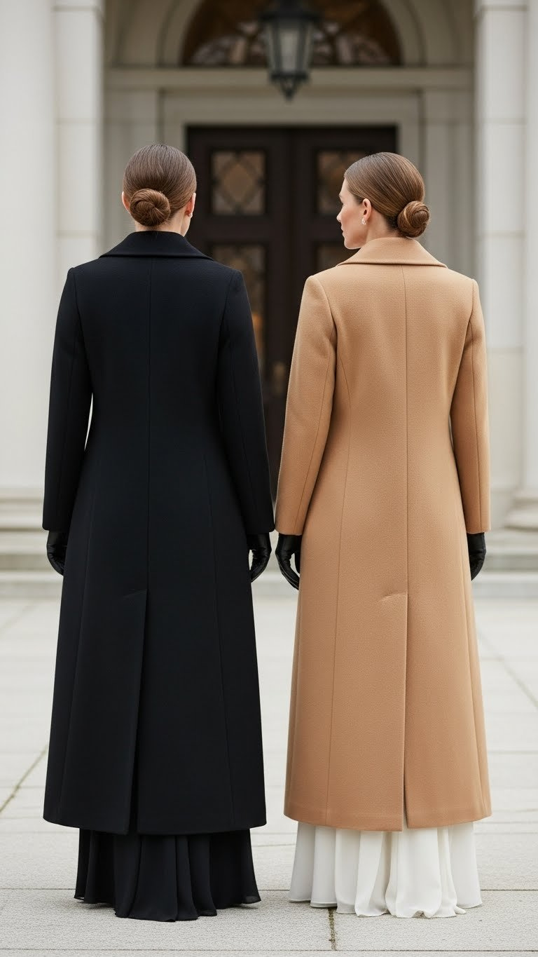 Elegant woman from back, floor-length black wool coat over formal gown, in grand classical exterior entryway.