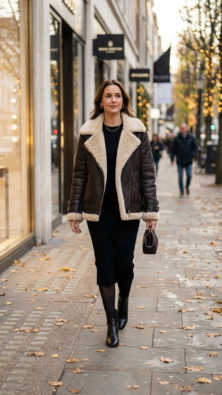 Elegant woman in a luxurious brown faux shearling aviator jacket, black dress, and leather boots walks downtown.