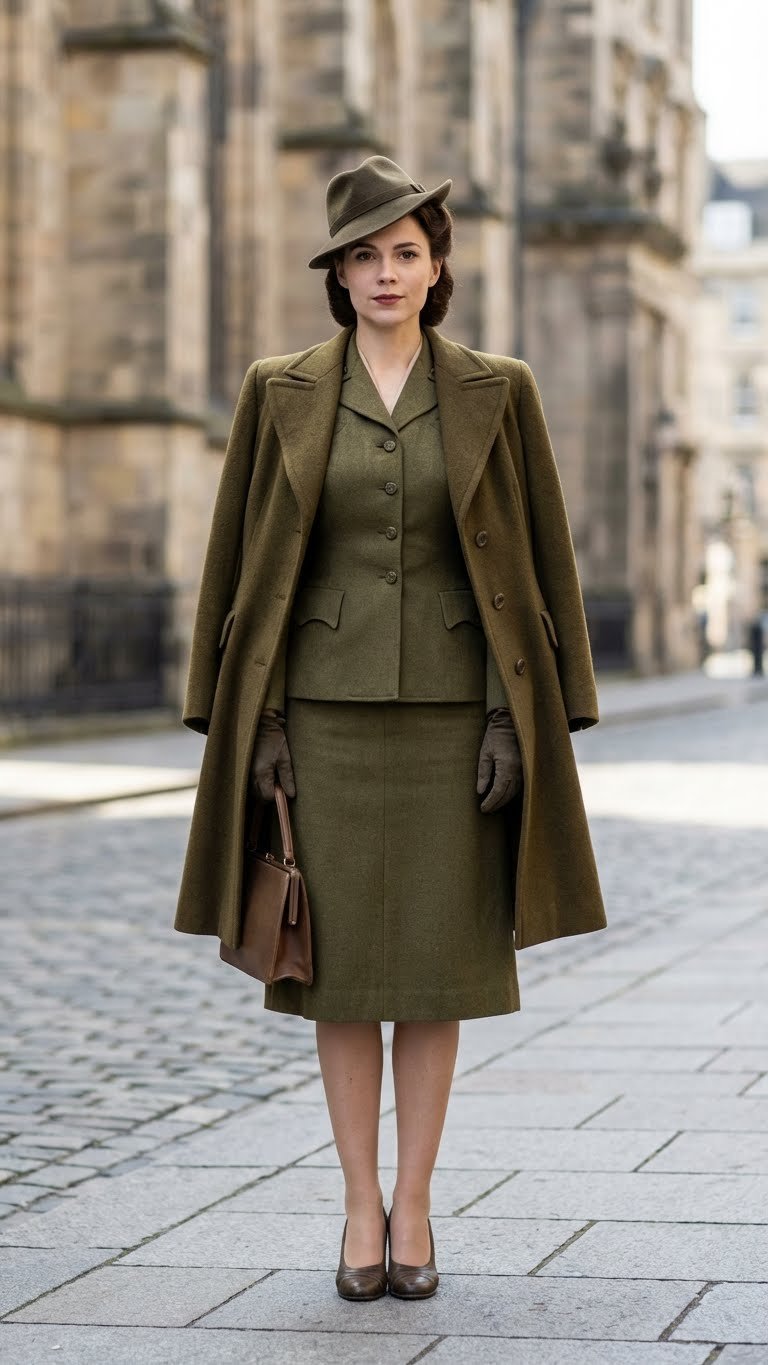 Elegant woman in a tailored 1940s wartime chic olive green wool suit, broad-shouldered coat, felt hat, and gloves on a city street.