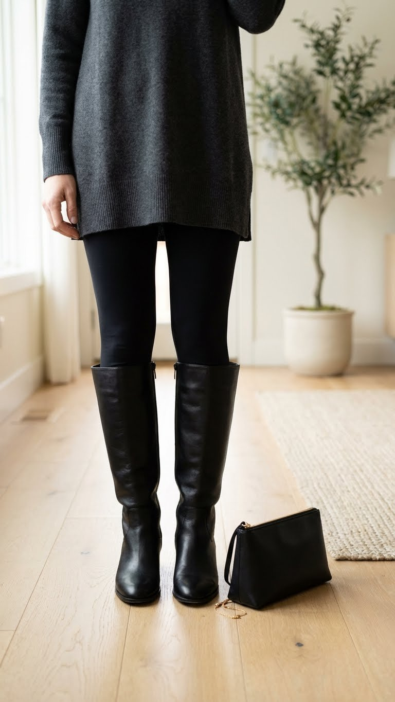 Elegant woman in black knee-high boots and tailored leggings, paired with a cashmere sweater, showcasing minimalist winter style.