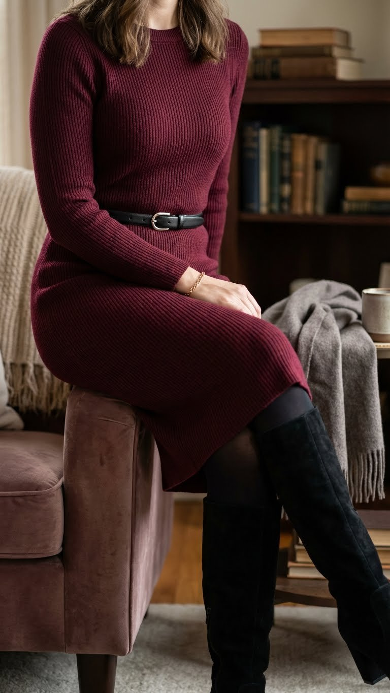 Elegant woman in burgundy knit midi dress, black leather belt, suede knee-high boots. Sophisticated winter fashion.