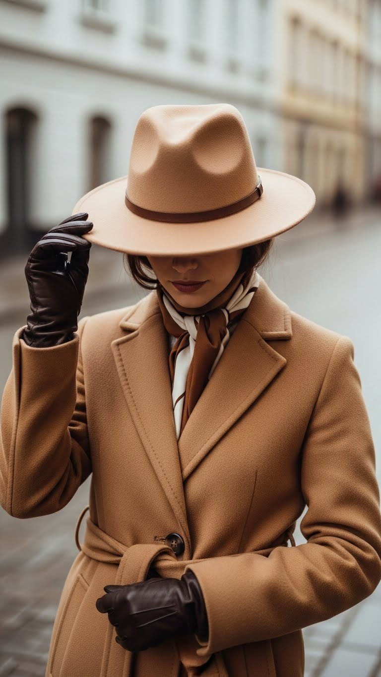 Elegant woman in camel wool coat, dark leather gloves, and wide-brim wool fedora, mysterious look on a blurred European street.