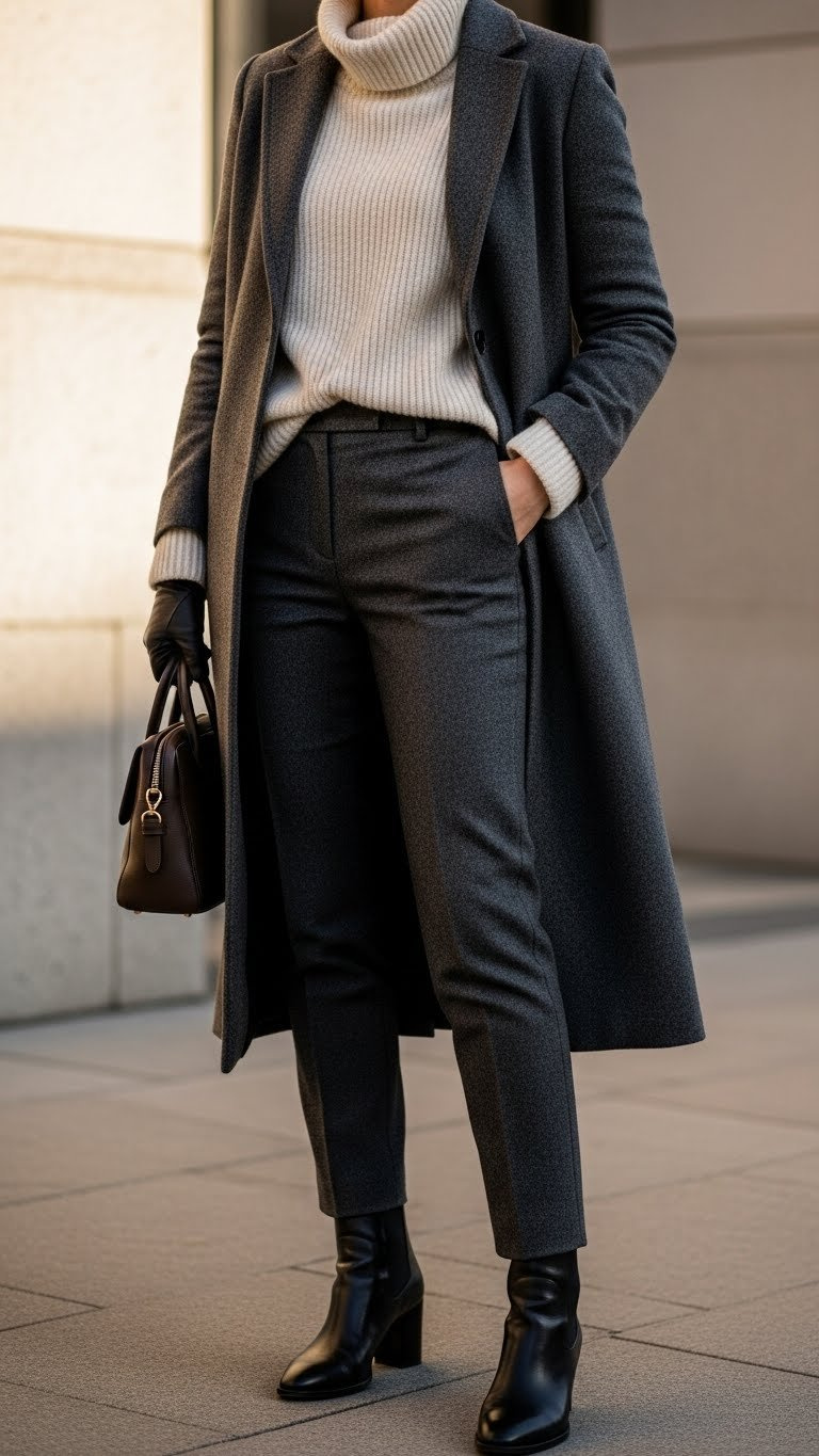 Elegant woman in charcoal grey tailored wool coat, cream cashmere turtleneck, winter trousers, and leather boots on a city street.