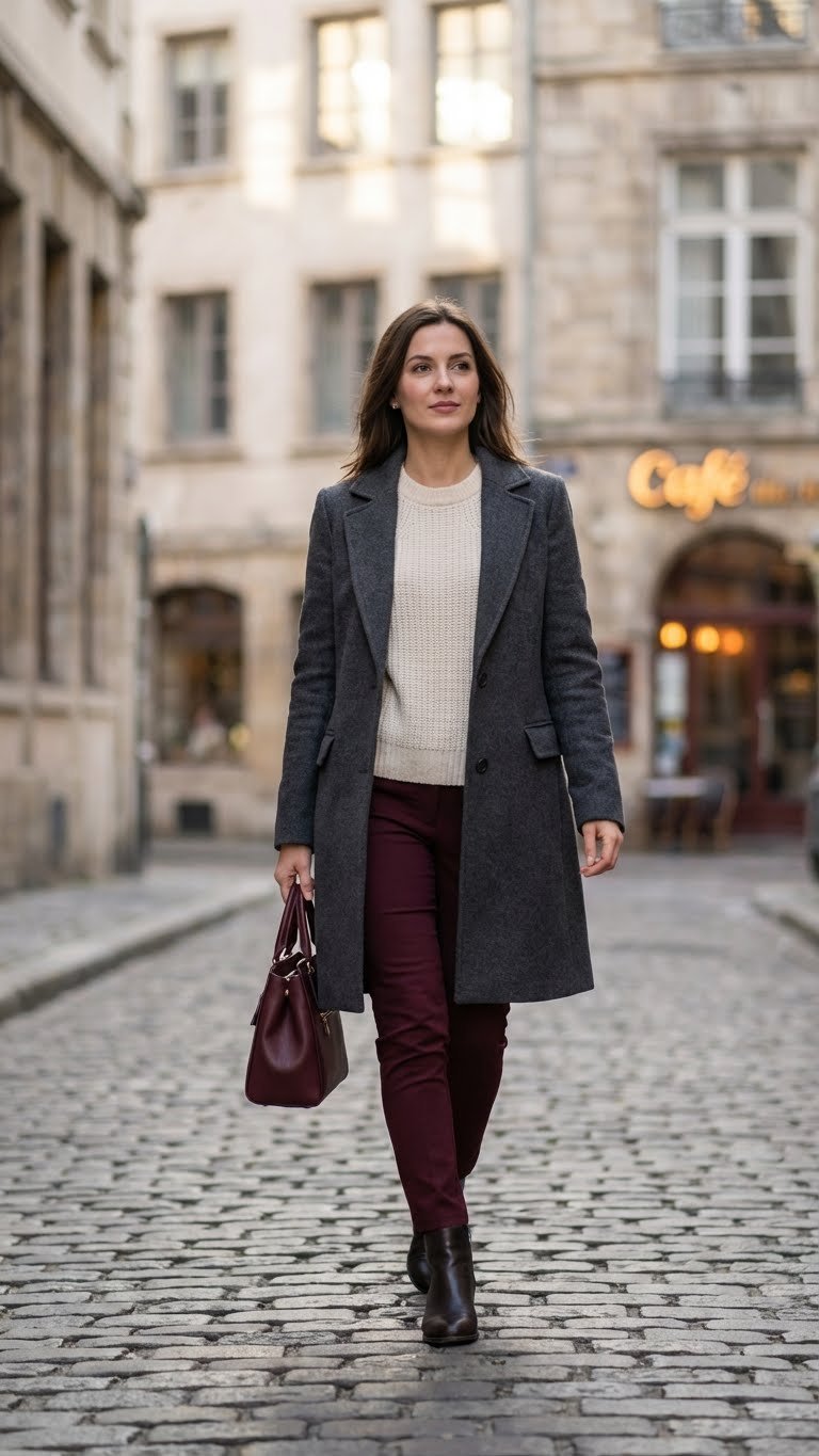 Elegant woman in charcoal wool coat and ankle boots walks on a European cobblestone street, featuring blurred historic buildings.