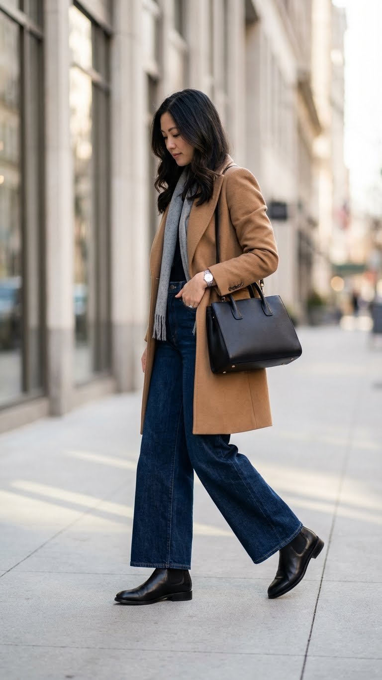 Elegant woman in dark wash wide-leg jeans, a camel wool coat, and black Chelsea boots walking in an urban setting.