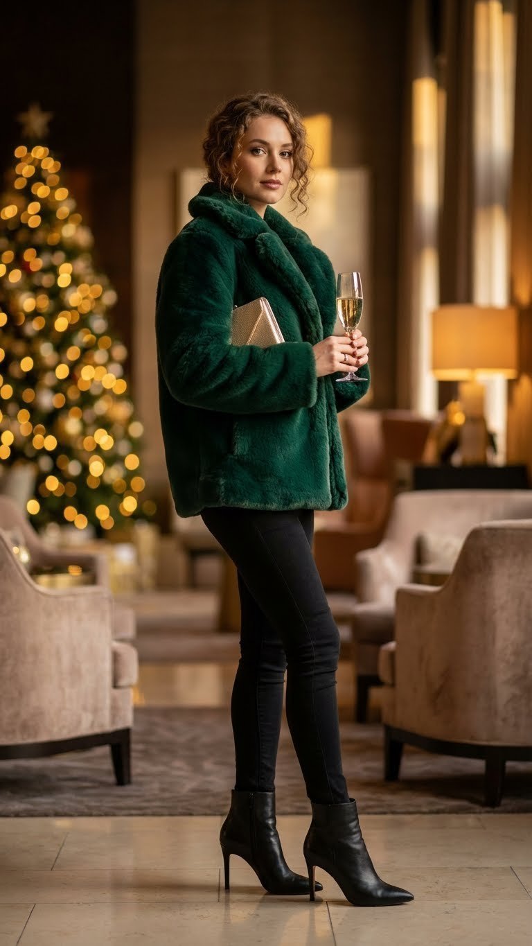 Elegant woman in emerald faux fur coat, black skinny jeans, and high-heeled ankle boots in an upscale hotel lobby.