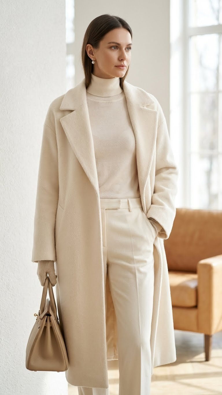 Elegant woman in luxurious cream winter outfit: cashmere coat, knit turtleneck, wool trousers, beige handbag, pearl earrings.