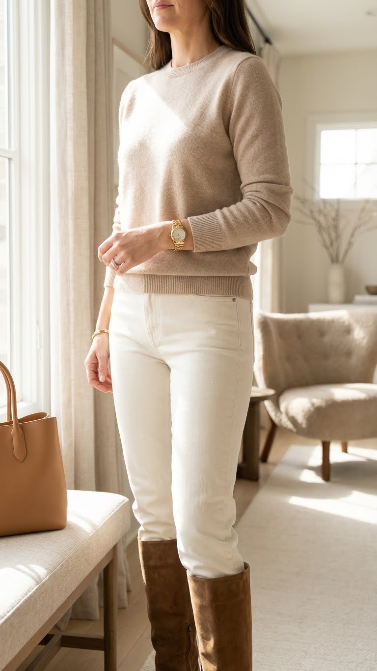 Elegant woman in off-white jeans, beige cashmere sweater, and brown suede knee-high boots in a sunlit refined home.