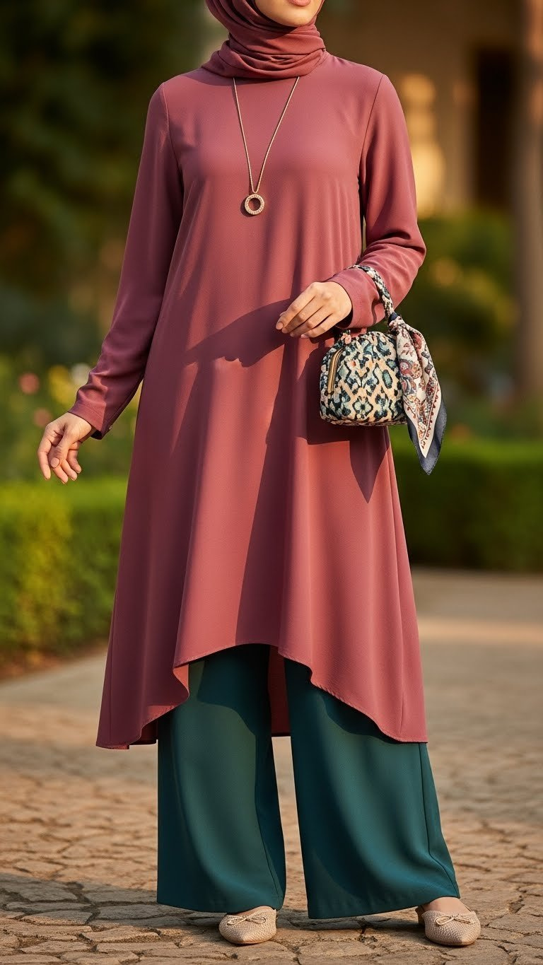 Elegant woman posing in flowy teal tunic and wide-leg pants, waist-up portrait in botanical garden with golden hour lighting.