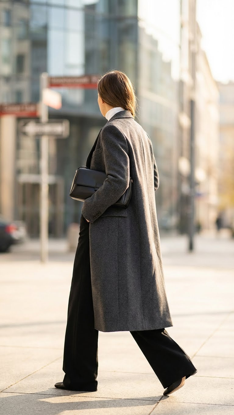 Elegant woman walks in a tailored charcoal wool coat, wide-leg black trousers, and white turtleneck on a city sidewalk.