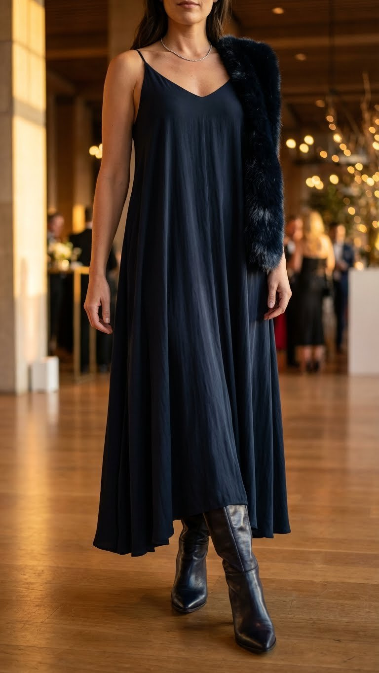 Elegant woman wearing a dark maxi dress with pointed-toe dress boots, a chic winter outfit for a sophisticated cocktail party.