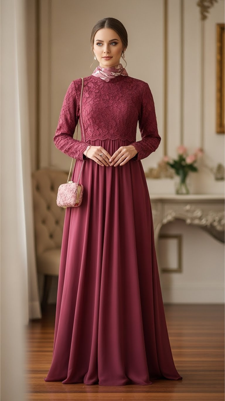 Elegant woman wearing burgundy modest maxi dress with lace details, posing waist-up against soft bokeh background in luxurious interior setting.