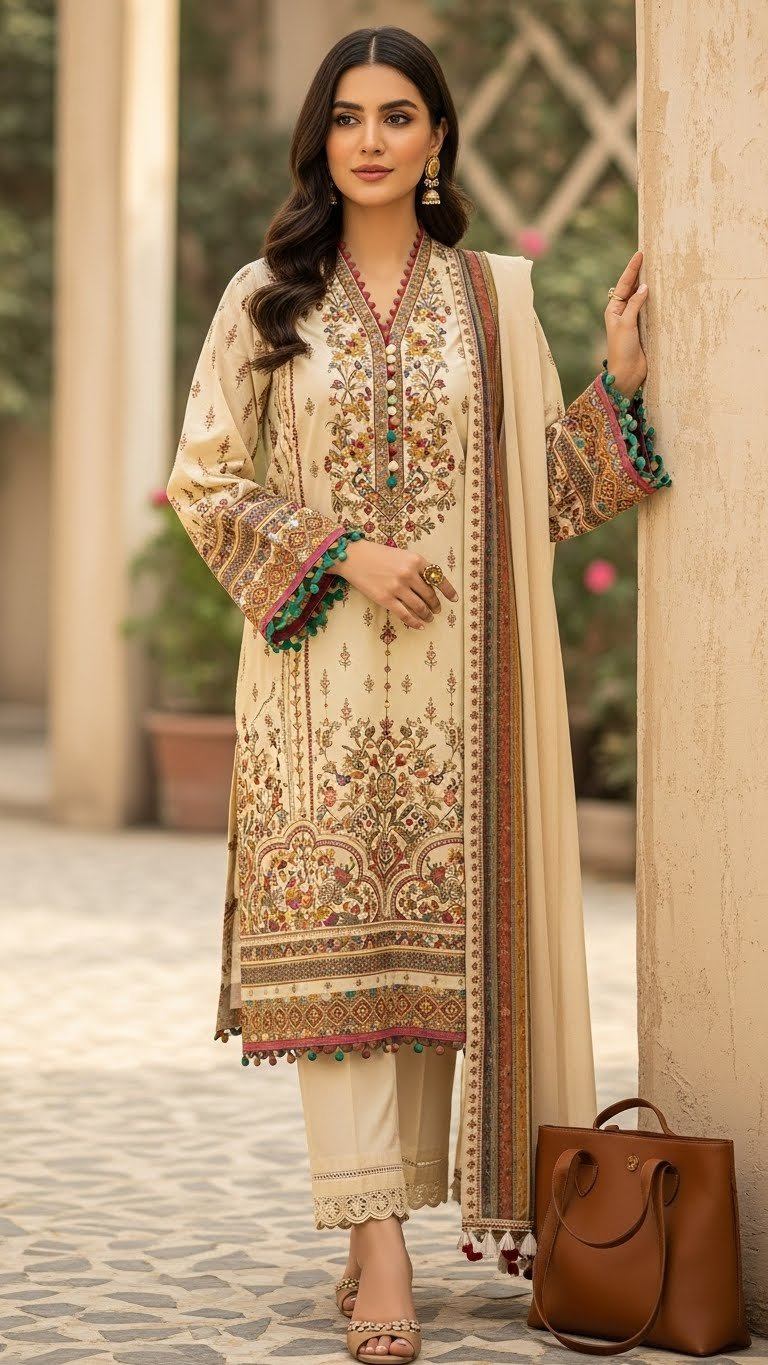 Elegant woman wearing vibrant embroidered Pakistani khaddar suit. Traditional shalwar kameez, rich fabric texture, casual daytime fashion.