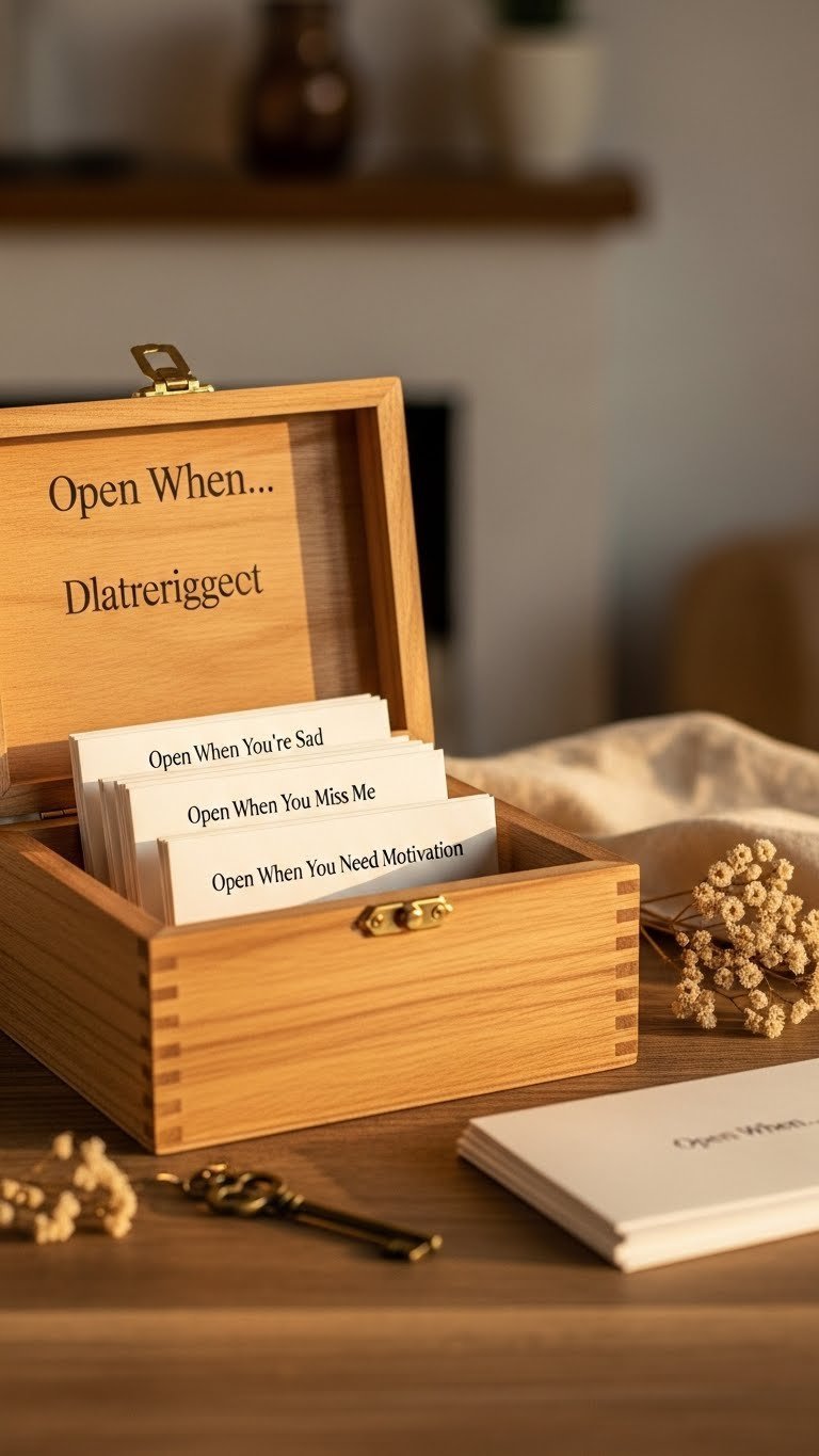 Elegant wooden 'Open When' letter box slightly ajar showing organized envelopes with sentimental labels