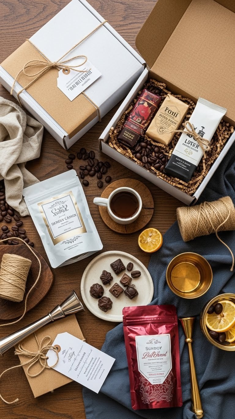 Elegantly unboxed subscription box spilling gourmet coffee beans and artisan chocolates on rustic wooden table