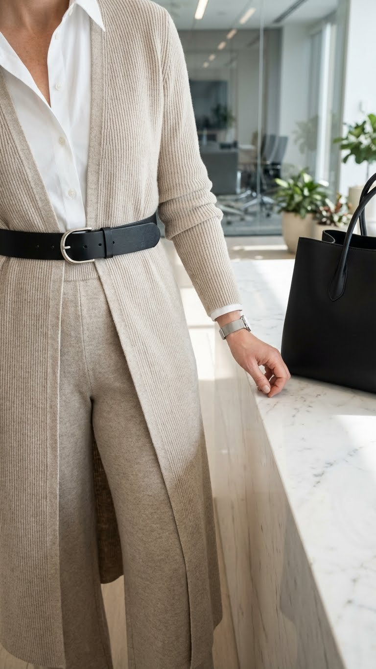 Elevated business professional outfit: oatmeal knit sweater jacket, wide-leg trousers, black leather belt, white shirt collar.