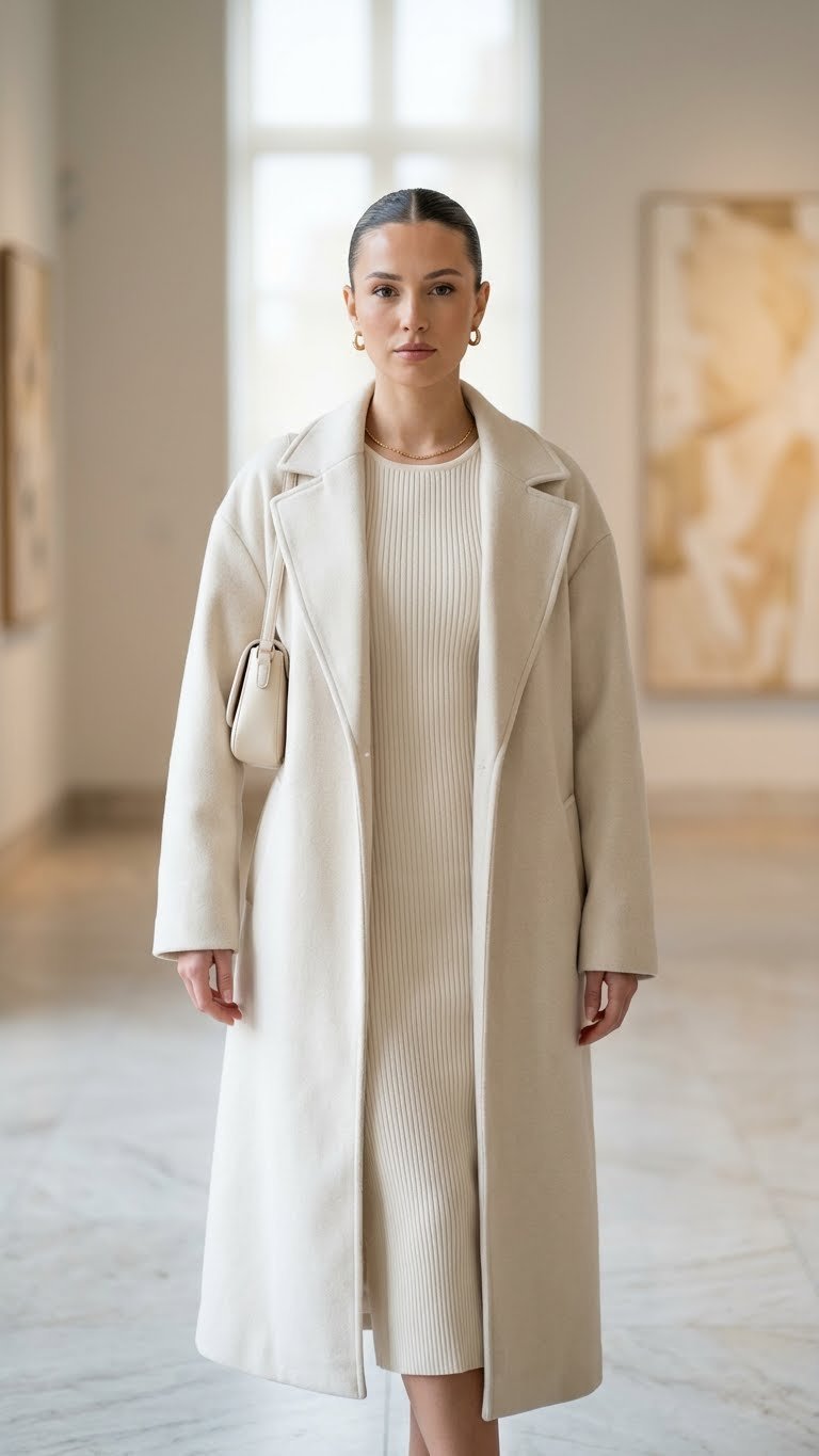 Empowered individual in a sophisticated cream ribbed midi dress, wool coat, and stiletto boots in an upscale art gallery.