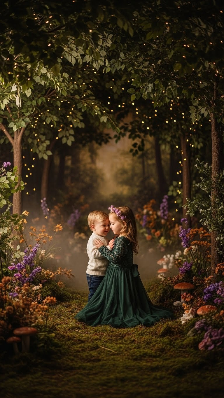 Enchanted fairy tale forest scene with magical fairy lights twinkling amongst artificial trees and greenery