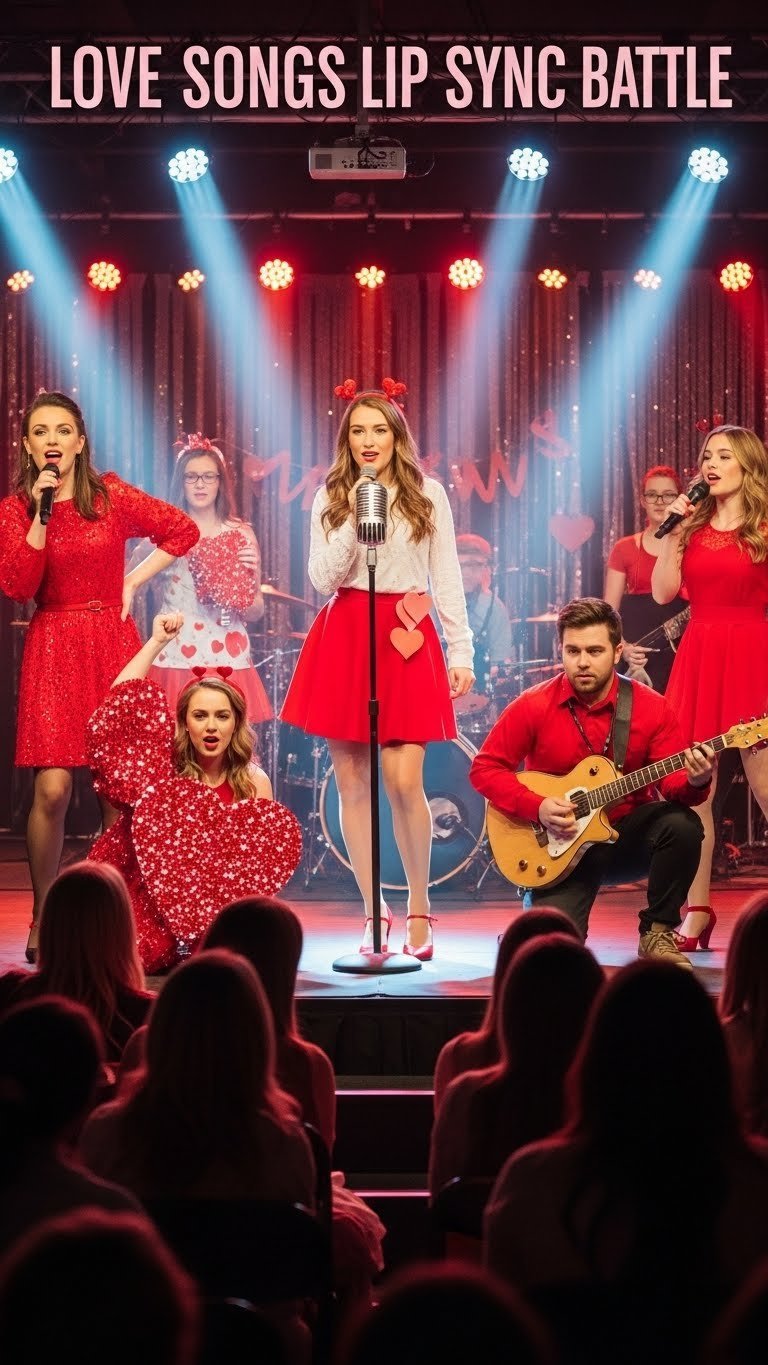 Energetic participants lip-syncing to love songs on stage with Valentine's props as a cheering audience watches in the background.