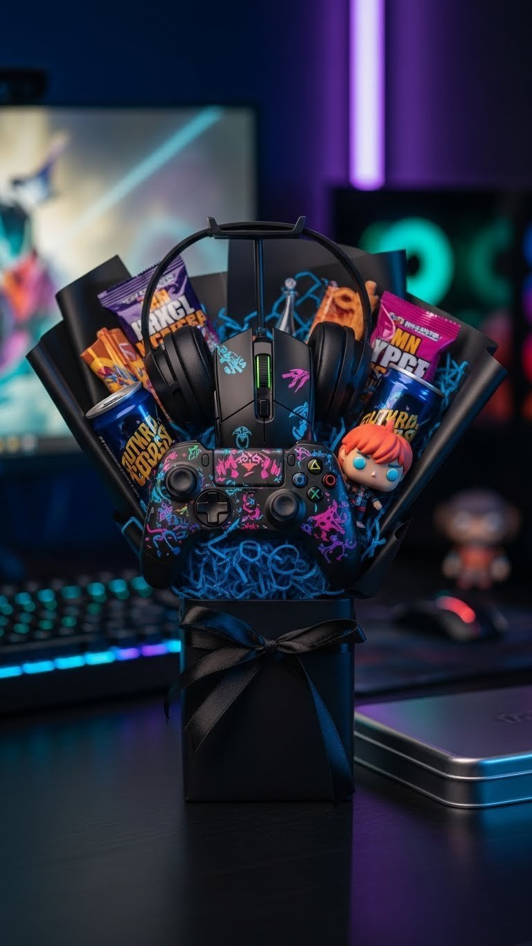 Engaging gaming gear mini-bouquet with compact gaming accessories arranged in sleek metallic box