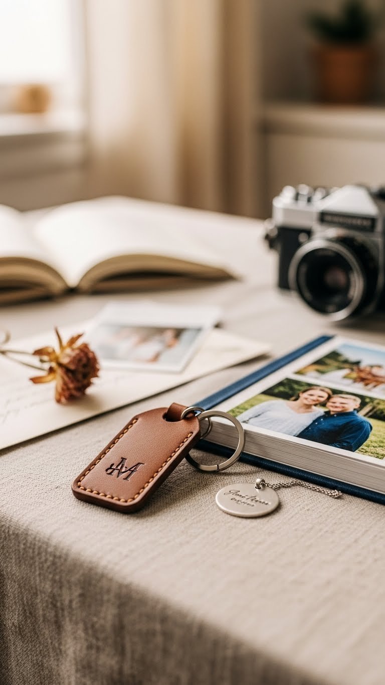 Engraved leather keychain, custom photo album, and personalized jewelry on linen surface for sentimental keepsakes