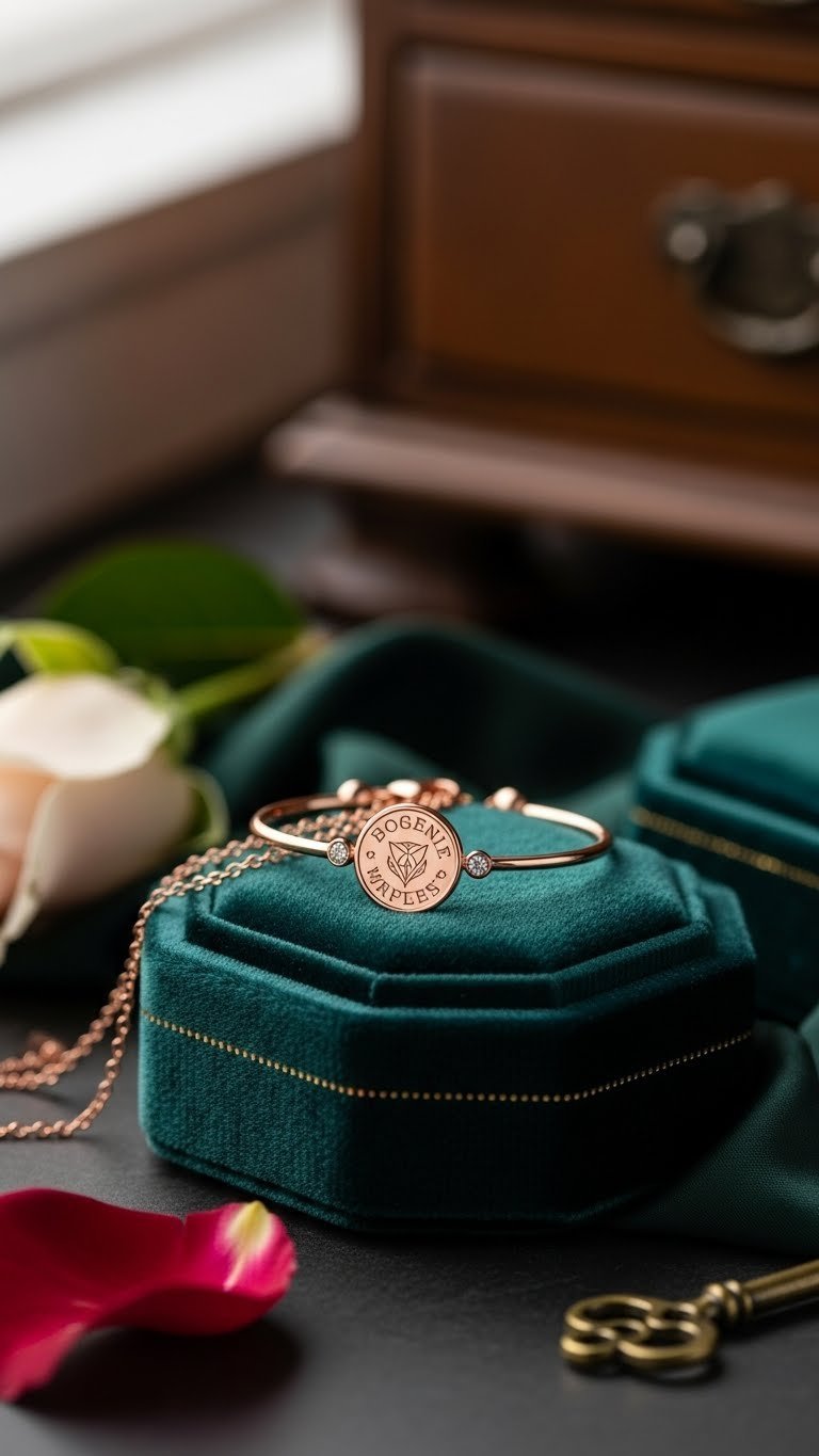 Engraved personalized jewelry resting on velvet cushion with intricate details visible in elegant jewelry box setting