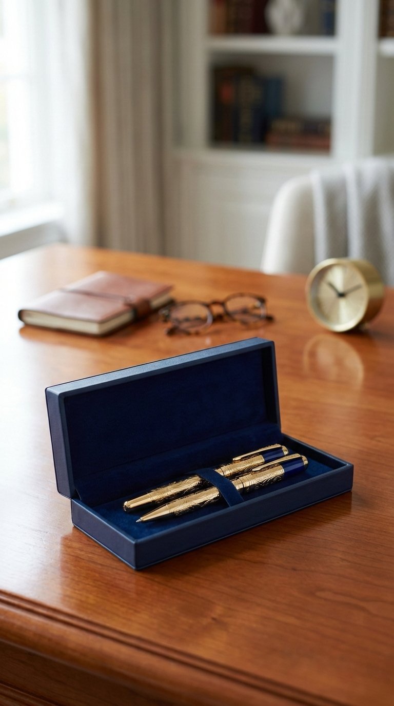 Engraved professional pen set in velvet-lined box on cherry wood desk with leather notebook and reading glasses