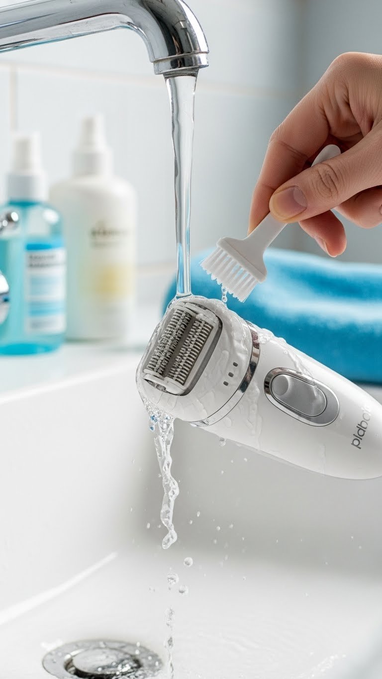 Epilator being cleaned with brush under running water in white ceramic sink for hygiene maintenance