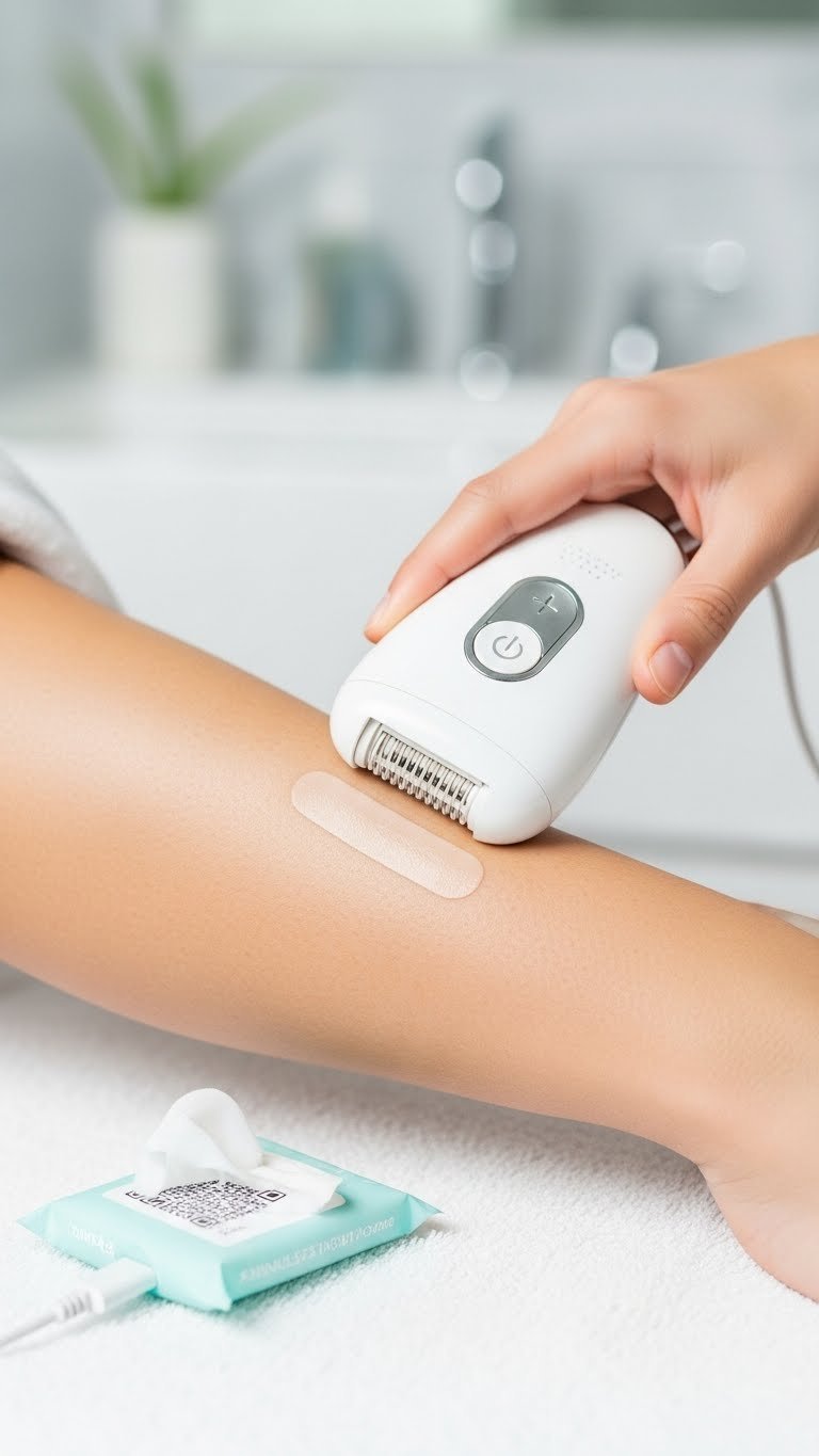 Epilator device moving across teen's skin showing rotating tweezers removing fine hairs on white towel