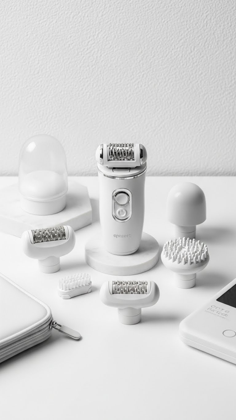 Epilator with various attachments arranged neatly in flat lay composition on white minimalist background