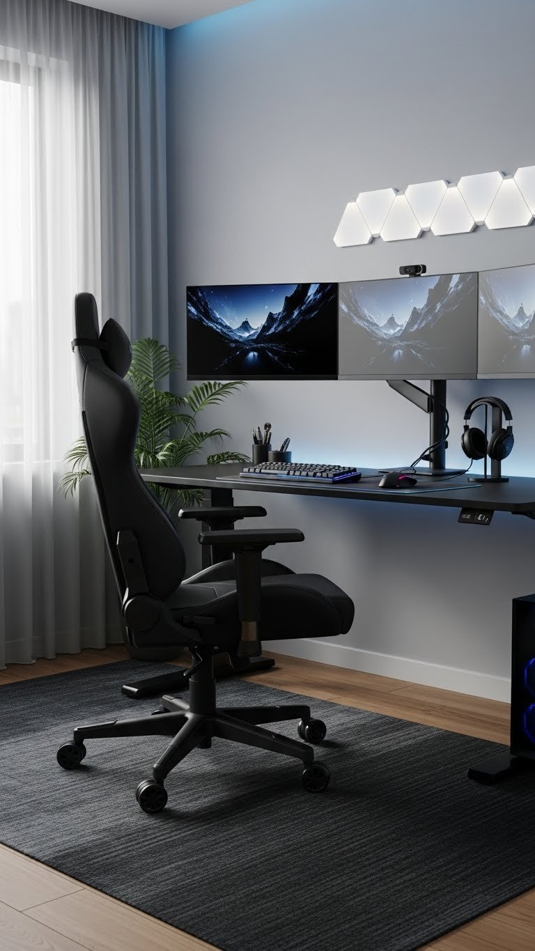 Ergonomic gaming chair positioned at modern desk setup with multi-monitor display in sophisticated dark interior