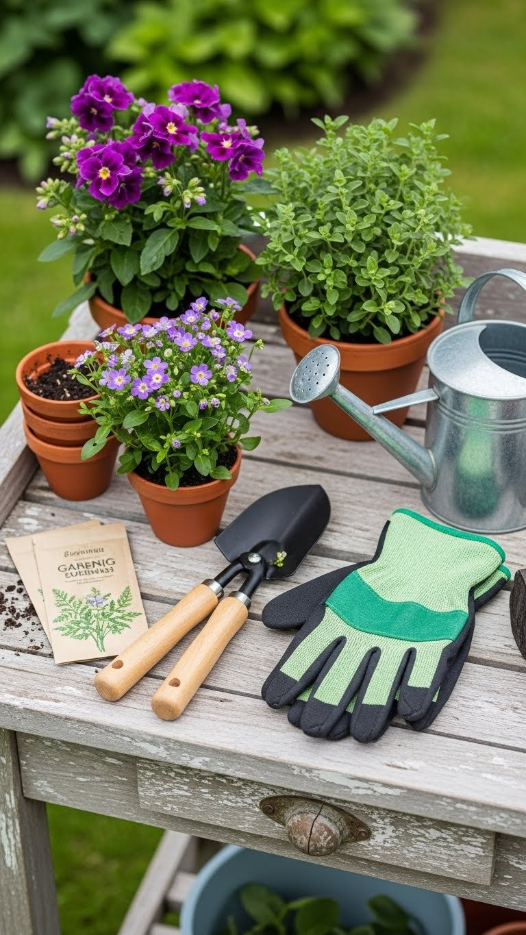 Ergonomic gardening tools arranged on potting bench with potted herbs and comfortable gloves in bright daylight