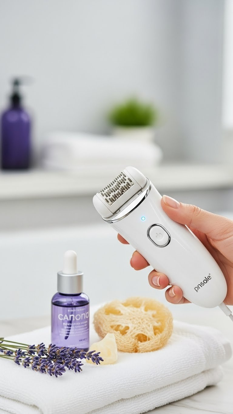 Ergonomic modern epilator for women with wide tweezer head illuminated against smooth hair-free skin on white towel