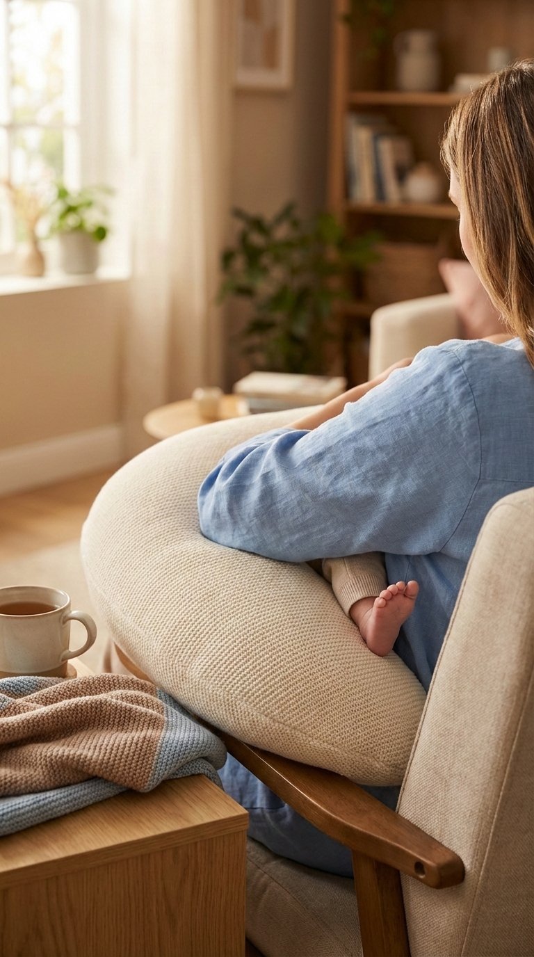 Ergonomic nursing pillow supporting new mom in cozy armchair with warm golden hour lighting.