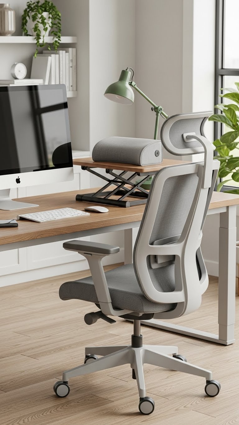 Ergonomic office chair and standing desk converter in minimalist workspace with monitor and desk lamp