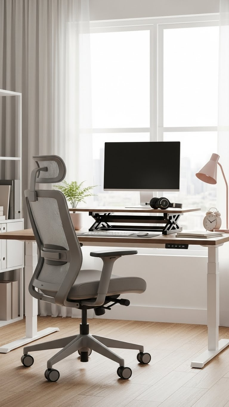 Ergonomic office chair at modern desk with standing desk converter and noise-canceling headset