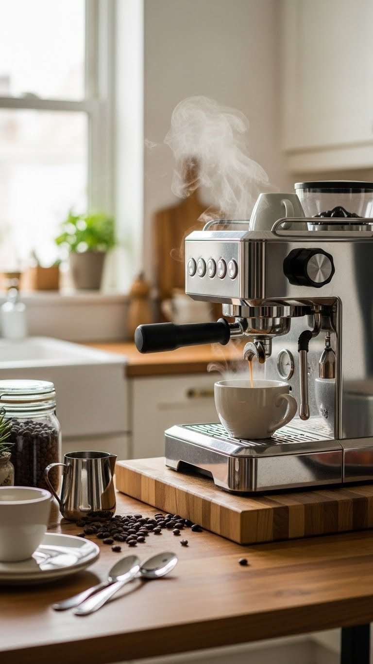 Espresso machine brewing coffee into minimalist ceramic cup on butcher block countertop with steam rising