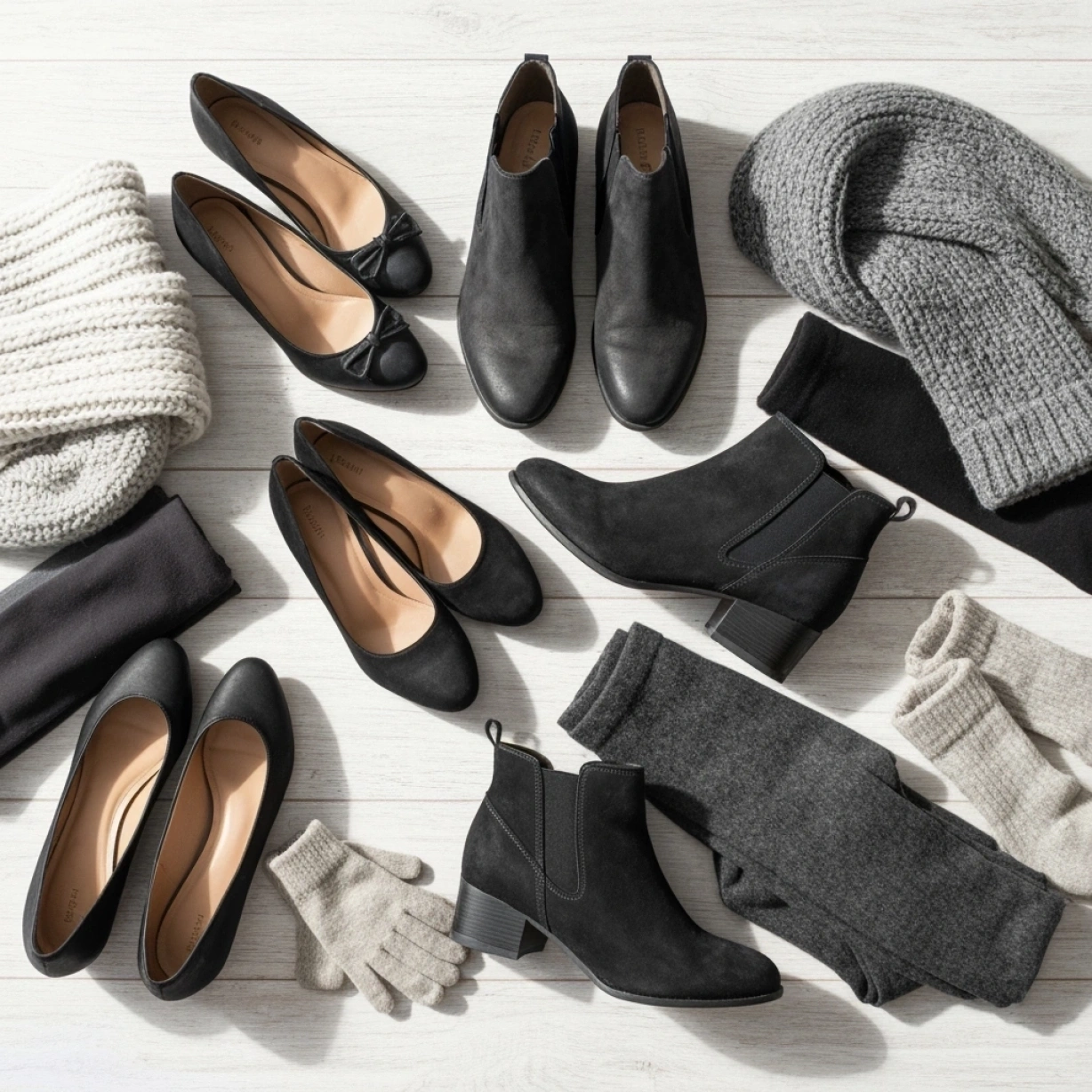 Essential winter church footwear: elegant ankle boots, suede boots, pumps, warm wool tights, fleece leggings, knit scarf.