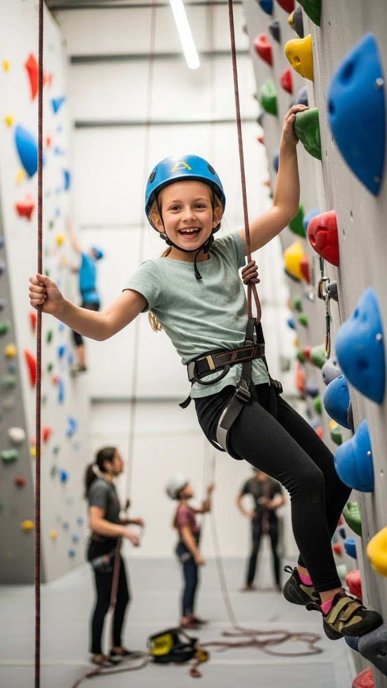 Excited young girl wearing helmet and harness midway through indoor rock climbing session with colorful climbing wall background.