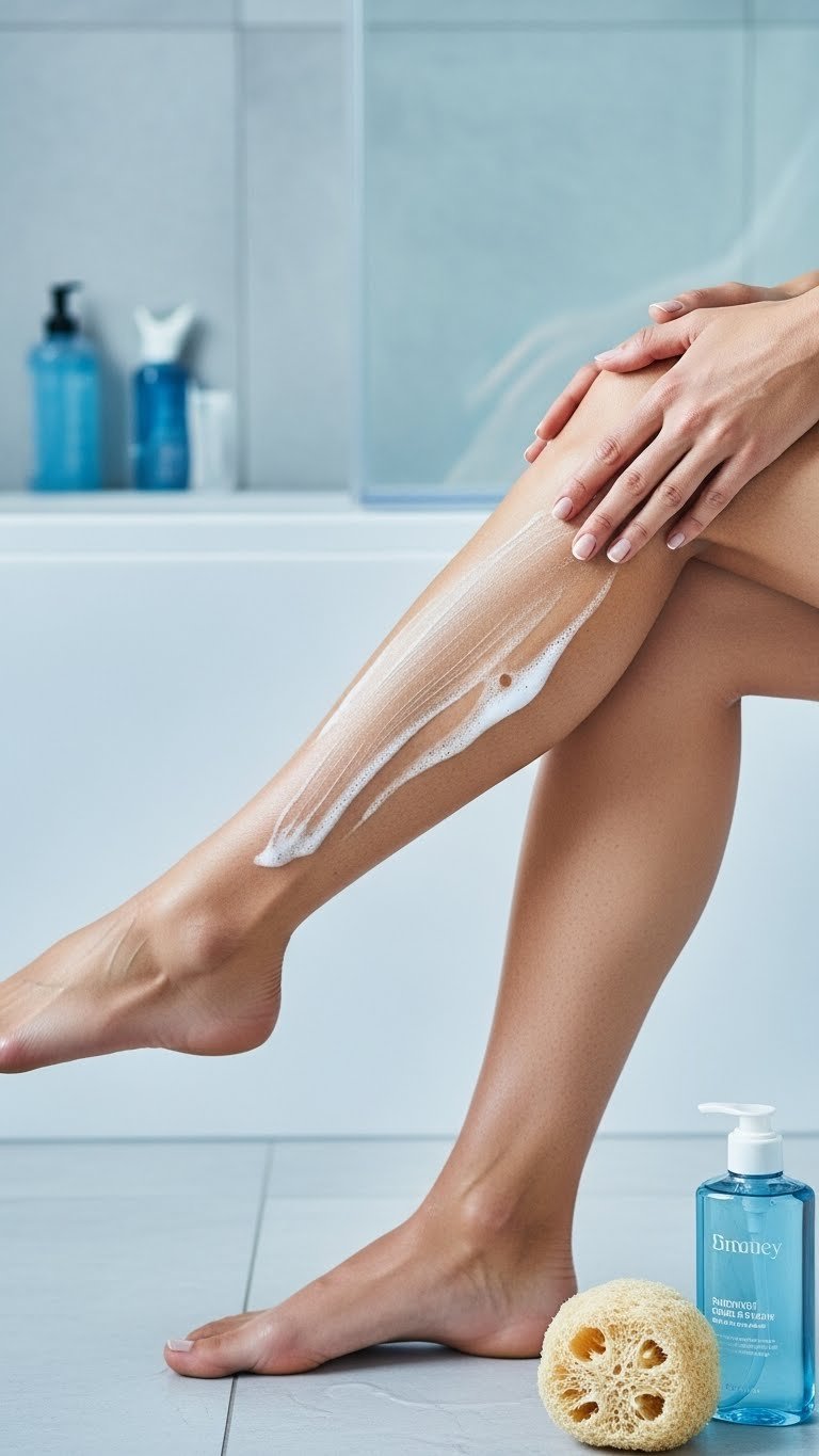 Exfoliated leg ready for hair removal cream application with loofah and soft blurred bathroom tiles background.