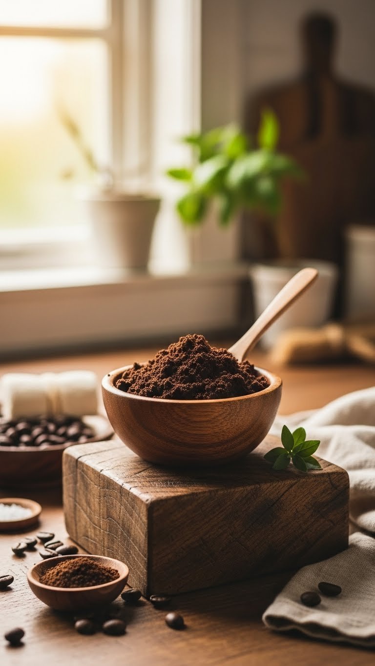 Exfoliating coffee grounds and baking soda hair removal paste in rustic wooden bowl with natural spoon
