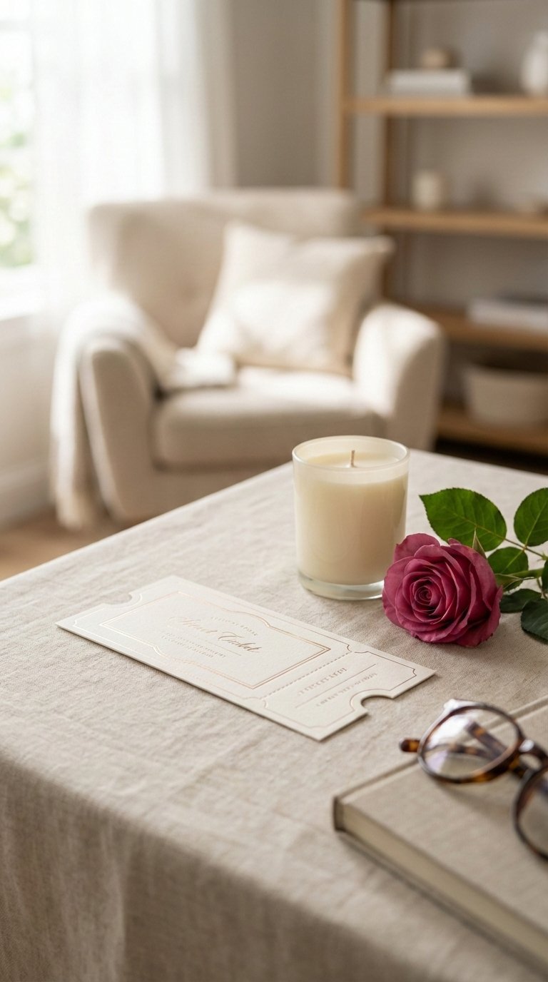 Experience gift certificate with elegant ticket stub, unlit candle and single rose on linen tablecloth symbolizing relaxation