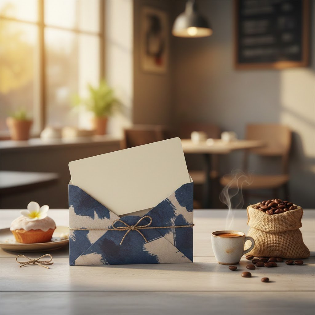 Experience gift voucher with cafe voucher and coffee cup prop suggesting gourmet coffee shop outing.