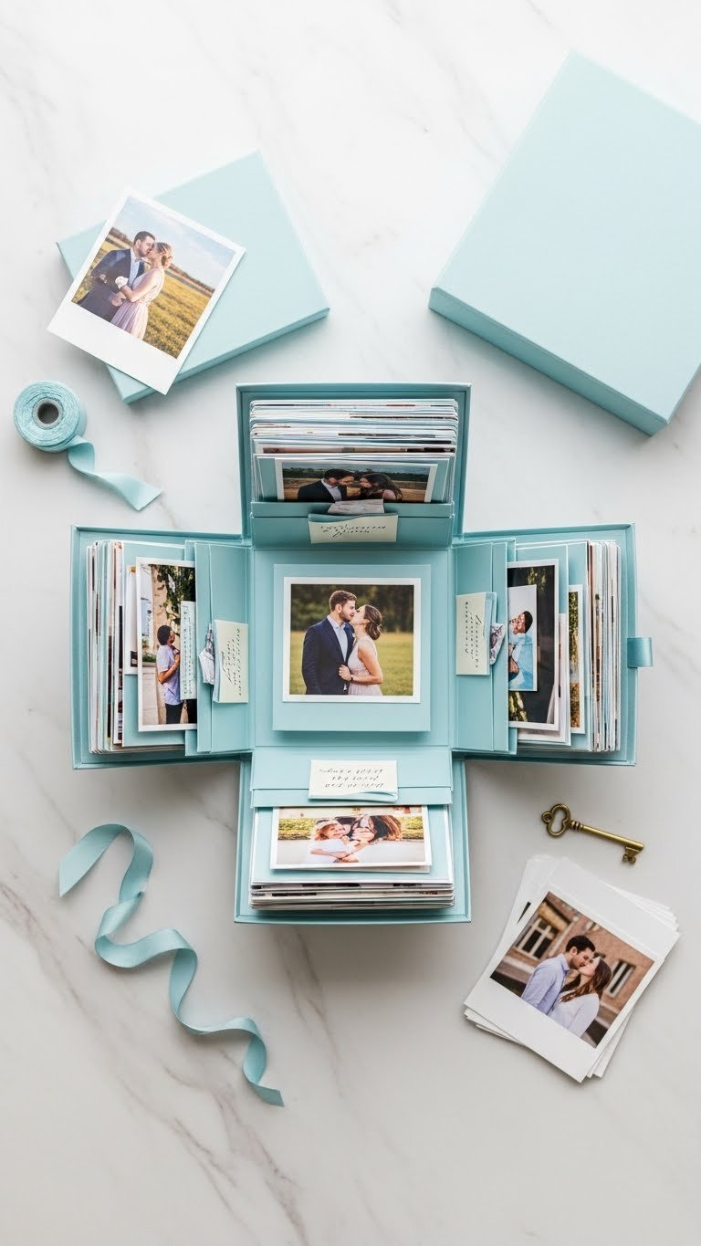 Exploding photo box revealing vibrant couple photos and handwritten notes on marble countertop with bright daylight illumination.