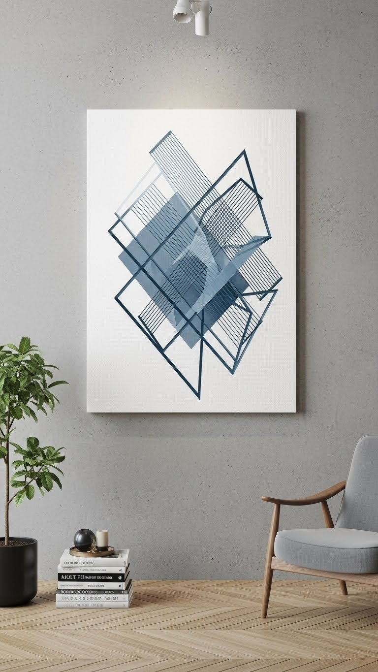 Eye-level close-up of sleek minimalist geometric canvas with abstract design on polished concrete wall