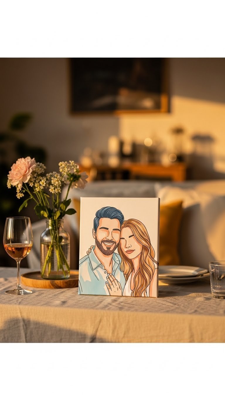 Eye-level close-up of stylized couple's portrait canvas in contemporary art style on soft linen tablecloth