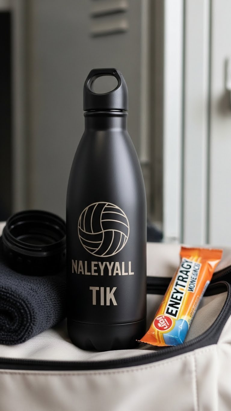 Eye-level shot of matte black insulated water bottle with engraved volleyball graphic on gym bag background